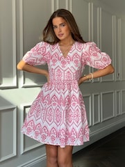 Girl In Mind Pink Daria Broidery Wrap Front 100% Cotton Mini Dress - Image 1 of 6