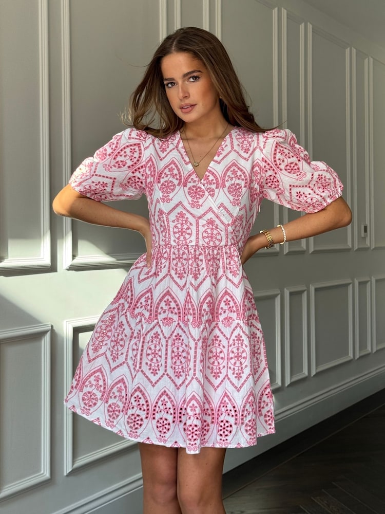 Girl In Mind Pink Daria Broidery Wrap Front 100% Cotton Mini Dress - Image 1 of 6