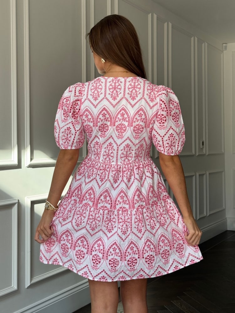 Girl In Mind Pink Daria Broidery Wrap Front 100% Cotton Mini Dress - Image 2 of 6