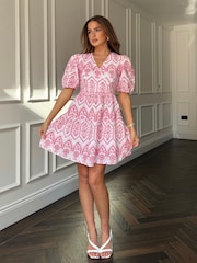 Girl In Mind Pink Daria Broidery Wrap Front 100% Cotton Mini Dress - Image 3 of 6