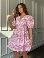 Girl In Mind Pink Daria Broidery Wrap Front 100% Cotton Mini Dress - Image 4 of 6