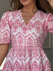 Girl In Mind Pink Daria Broidery Wrap Front 100% Cotton Mini Dress - Image 5 of 6