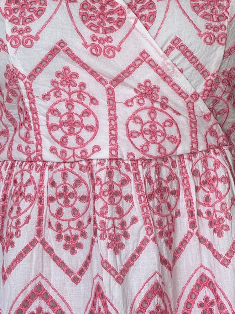 Girl In Mind Pink Daria Broidery Wrap Front 100% Cotton Mini Dress - Image 6 of 6