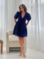 Girl In Mind Blue Daria Broidery Wrap Front 100% Cotton Mini Dress - Image 1 of 5