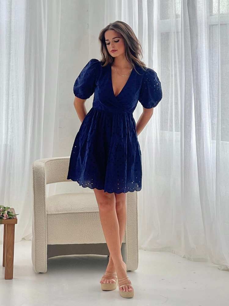 Girl In Mind Blue Daria Broidery Wrap Front 100% Cotton Mini Dress - Image 1 of 5