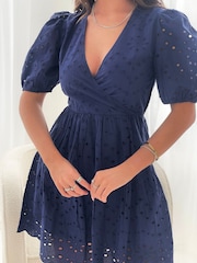 Girl In Mind Blue Daria Broidery Wrap Front 100% Cotton Mini Dress - Image 5 of 5