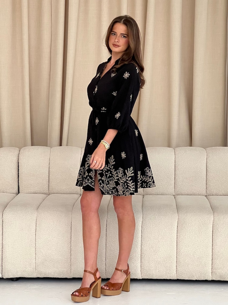 Girl In Mind Black Rue Embroidered Puff Sleeve Mini Shirt Dress - Image 4 of 6