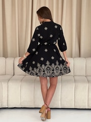 Girl In Mind Black Rue Embroidered Puff Sleeve Mini Shirt Dress - Image 5 of 6