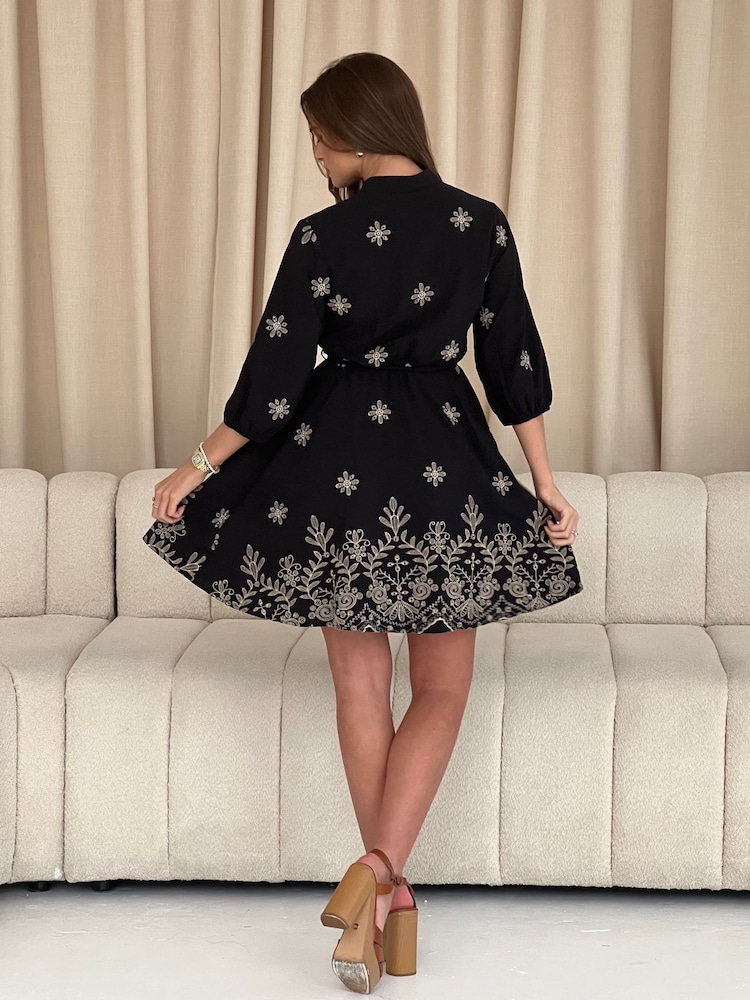 Girl In Mind Black Rue Embroidered Puff Sleeve Mini Shirt Dress - Image 5 of 6