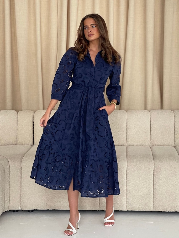 Girl In Mind Blue Michelle Broidery Shirt 100% Cotton Maxi Dress - Image 1 of 5