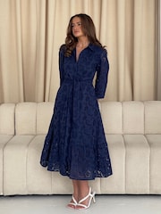 Girl In Mind Blue Michelle Broidery Shirt 100% Cotton Maxi Dress - Image 2 of 5