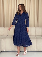 Girl In Mind Blue Michelle Broidery Shirt 100% Cotton Maxi Dress - Image 3 of 5