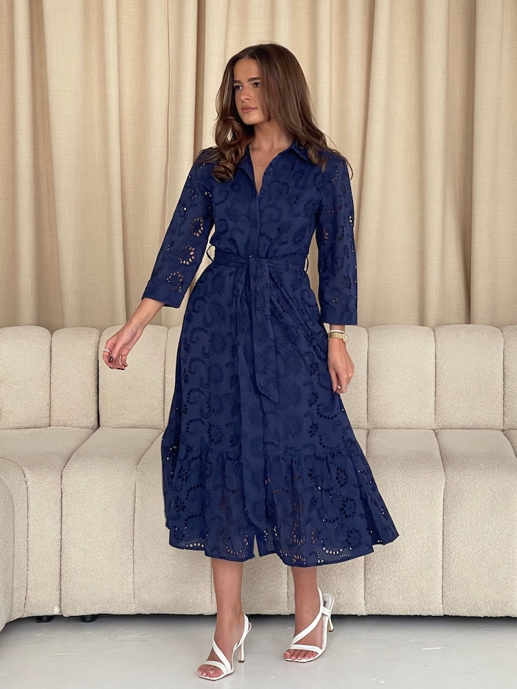 Girl In Mind Blue Michelle Broidery Shirt 100% Cotton Maxi Dress - Image 3 of 5