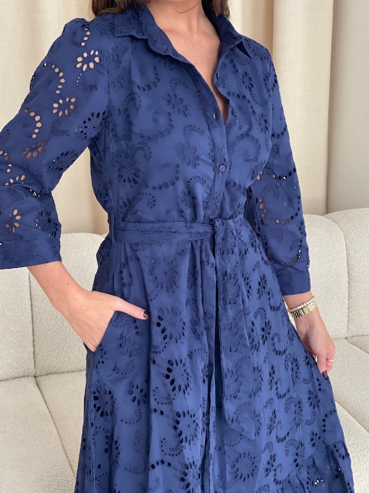 Girl In Mind Blue Michelle Broidery Shirt 100% Cotton Maxi Dress - Image 5 of 5