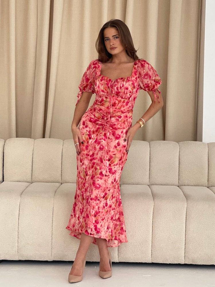 Girl In Mind Pink Dove Ruched Detail Midi Dress - Image 1 of 6