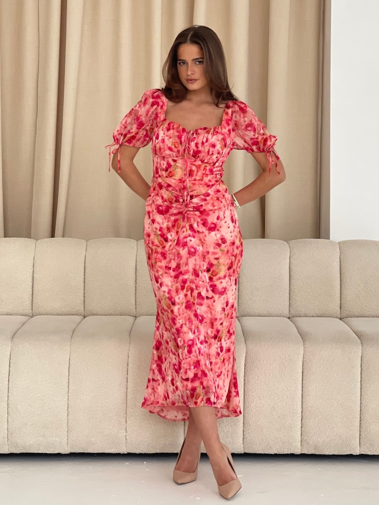 Girl In Mind Pink Dove Ruched Detail Midi Dress - Image 2 of 6