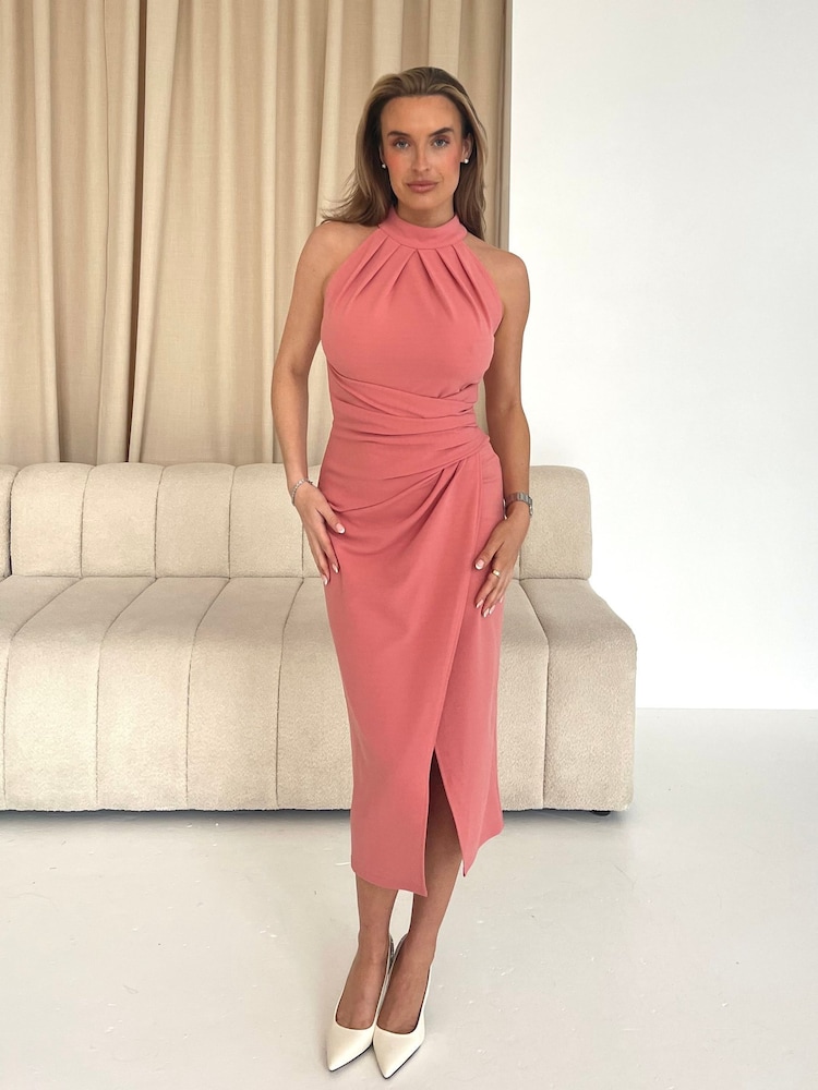 Girl In Mind Pink Alessia Halter Neck Midi Dress - Image 1 of 5
