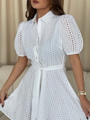Girl In Mind White Mila Short Sleeve Broderie Mini 100% Cotton Shirt Dress - Image 5 of 5