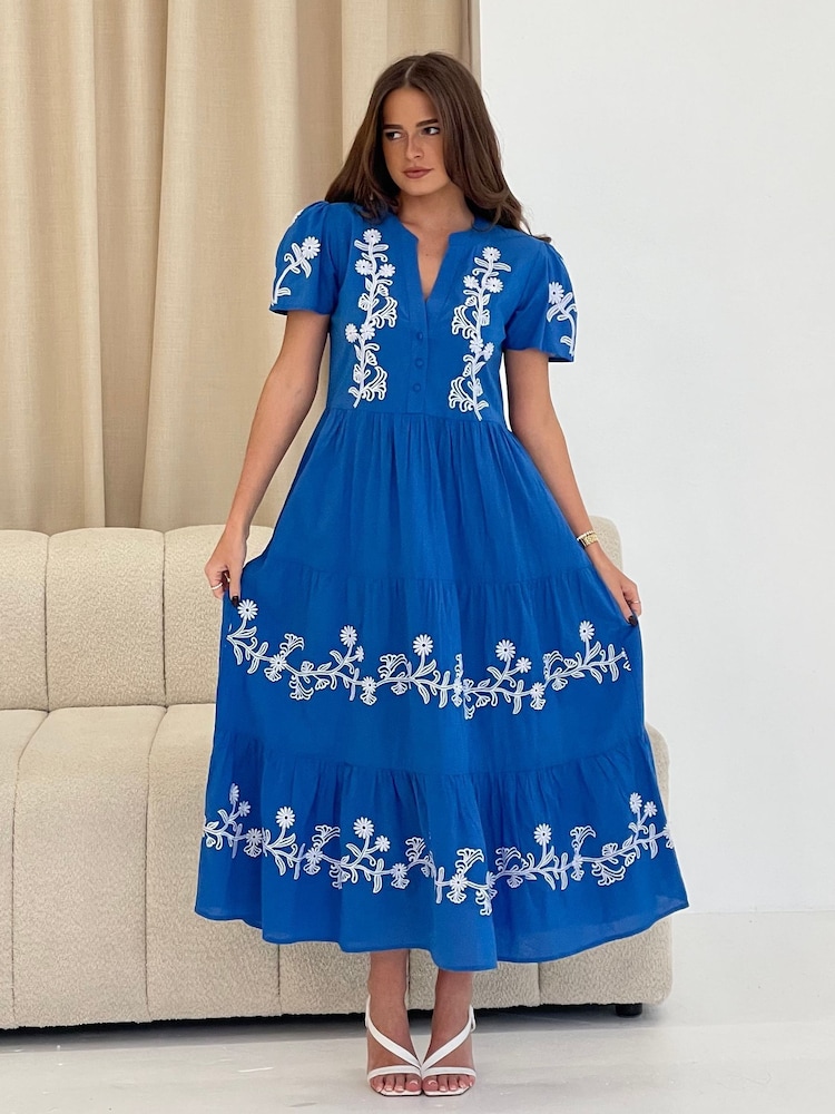 Girl In Mind Blue Arina Puff Sleeve V-Neck 100% Cotton Midi Dress - Image 1 of 5