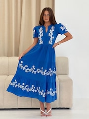 Girl In Mind Blue Arina Puff Sleeve V-Neck 100% Cotton Midi Dress - Image 3 of 5