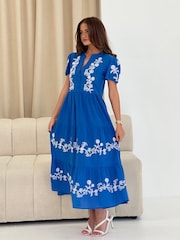 Girl In Mind Blue Arina Puff Sleeve V-Neck 100% Cotton Midi Dress - Image 4 of 5