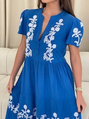 Girl In Mind Blue Arina Puff Sleeve V-Neck 100% Cotton Midi Dress - Image 5 of 5