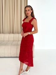 Girl In Mind Red Jovi Tie Shoulder Frill Skirt Midi Dress - Image 3 of 5