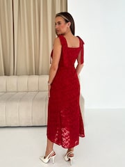 Girl In Mind Red Jovi Tie Shoulder Frill Skirt Midi Dress - Image 4 of 5