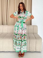 Girl In Mind Green Aurora Maxi Border Print Shirt Dress - Image 2 of 5