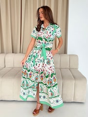 Girl In Mind Green Aurora Maxi Border Print Shirt Dress - Image 3 of 5