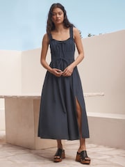 Navy Blue Strappy Tie Front Midi Dress - Image 2 of 7