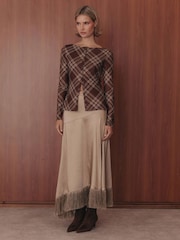 Rare London Brown Mesh Check Print Button Up Top - Image 1 of 4