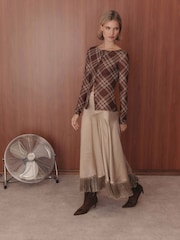 Rare London Brown Mesh Check Print Button Up Top - Image 3 of 4