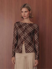 Rare London Brown Mesh Check Print Button Up Top - Image 4 of 4