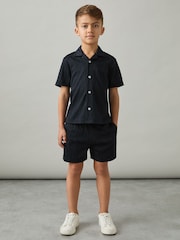 Reiss Navy Alvar 9-13 yrs Wave-Jacquard Drawstring Shorts - Image 3 of 4