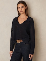 Reiss Navy Matilda Cotton Blend Open Collar Jumper - Image 1 of 7