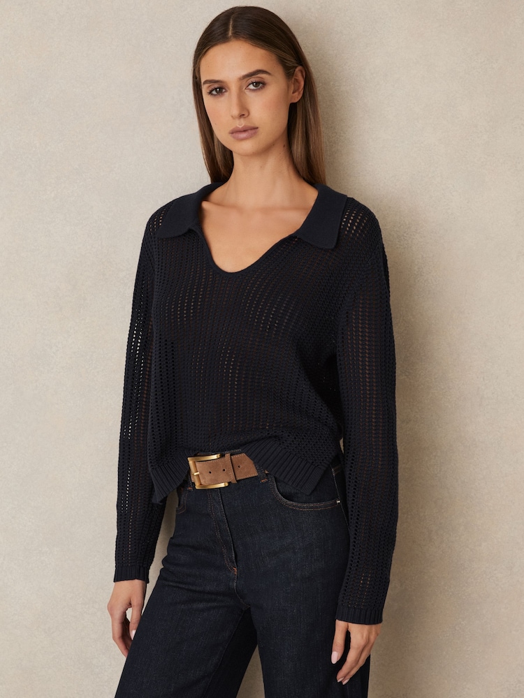 Reiss Navy Matilda Cotton Blend Open Collar Jumper - Image 1 of 7