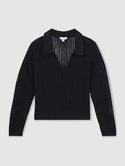 Reiss Navy Matilda Cotton Blend Open Collar Jumper - Image 2 of 7