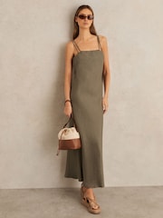 Reiss Khaki Roxanne Linen Double-Strap Slip Dress - Image 1 of 6