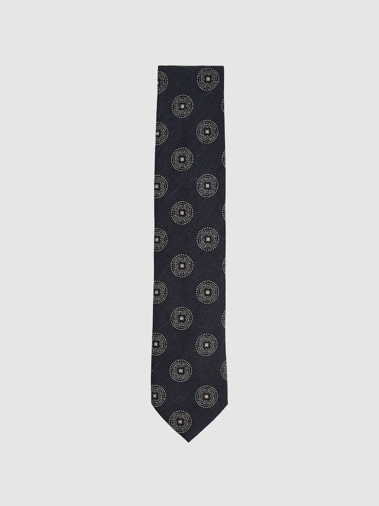 Reiss Navy Ginevra Silk Blend Tie with Medallion Pattern - Image 1 of 4