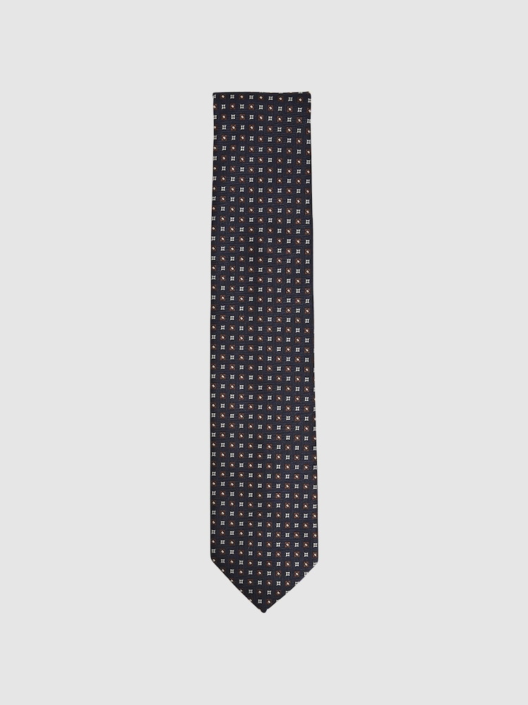Reiss Navy/Tobacco Pelosa Foulard Silk Blend Floral Print Tie - Image 1 of 5