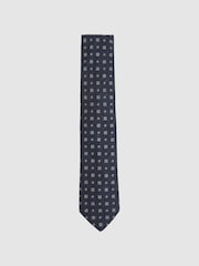 Reiss Navy Anzio Foulard Silk Blend Tie with Medallion Pattern - Image 1 of 4