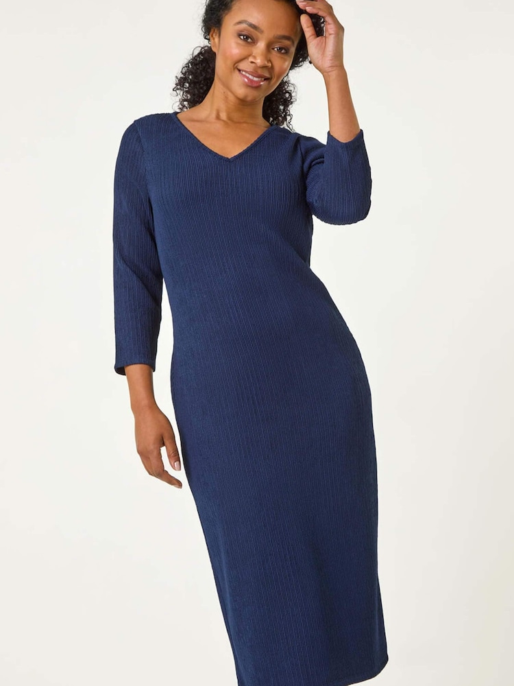 Roman Blue Petite Textured V-Neck Midi Dress - Image 1 of 5