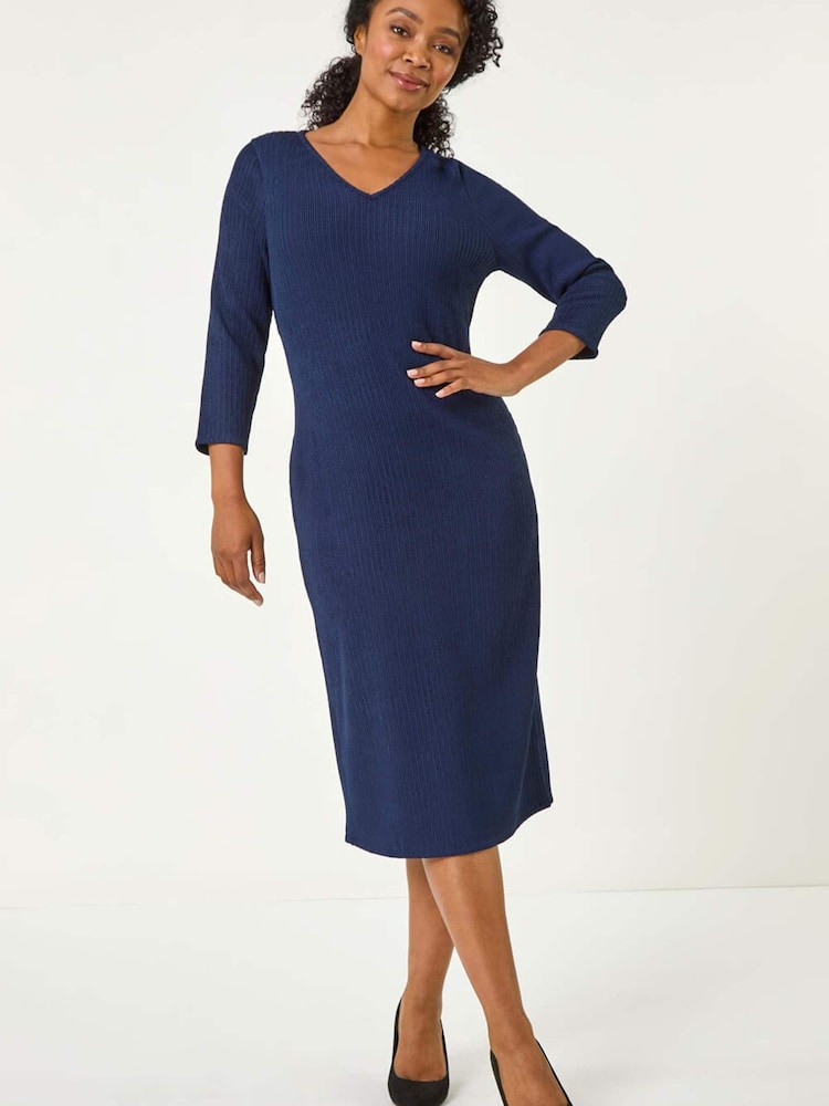 Roman Blue Petite Textured V-Neck Midi Dress - Image 2 of 5