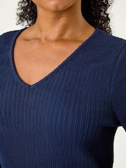 Roman Blue Petite Textured V-Neck Midi Dress - Image 5 of 5