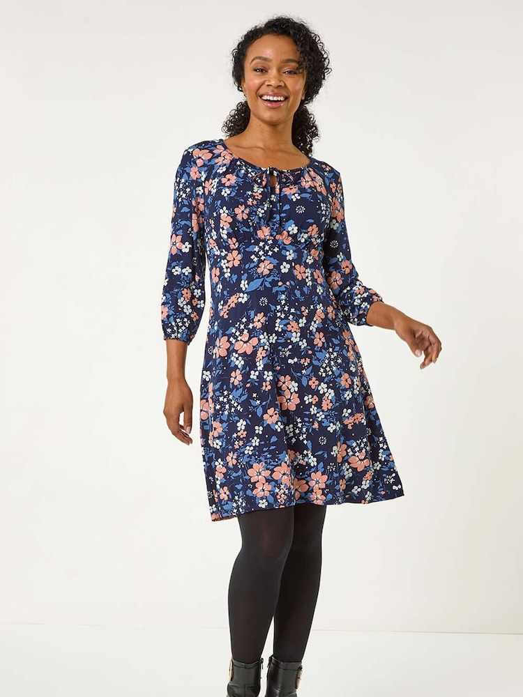 Roman Blue Petite Floral Tie Front Dress - Image 2 of 5