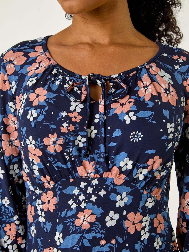 Roman Blue Petite Floral Tie Front Dress - Image 5 of 5