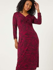 Roman Purple Petite Leaf Print Twist Midi Dress - Image 1 of 5
