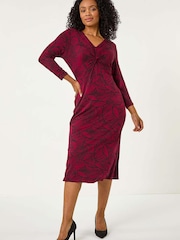 Roman Purple Petite Leaf Print Twist Midi Dress - Image 2 of 5