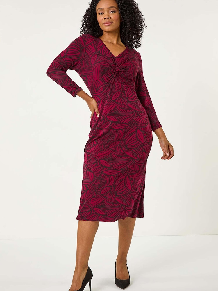Roman Purple Petite Leaf Print Twist Midi Dress - Image 2 of 5